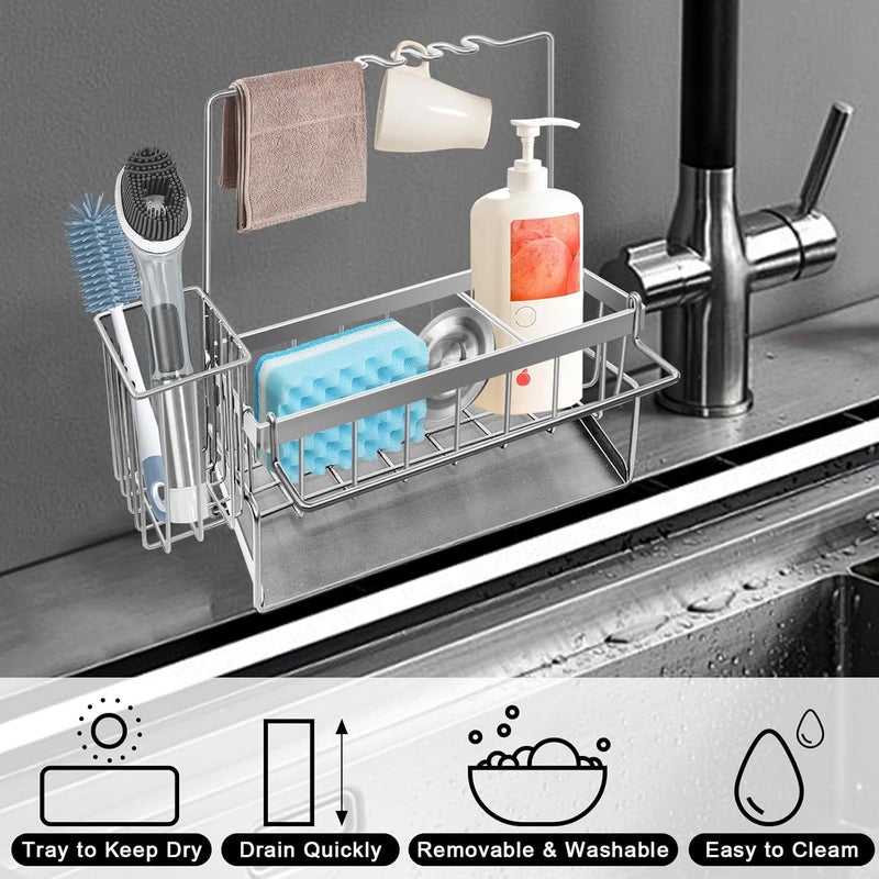 Yazoni Sponge Holder for Kitchen Sink, Rustproof Kitchen Sink Organizer Countertop Holder with High Brush Holder, Multifunctional Soap Dispenser Organizers and Storage Essentials - Image 5